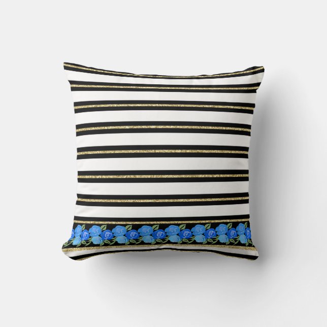Blue Roses on Black, White, Gold Stripes Cushion (Front)