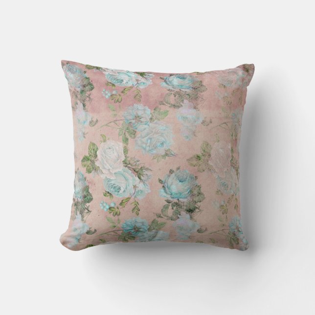 Blue Roses on Blush Pink Throw Pillow (Front)