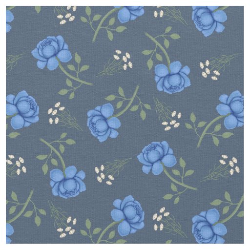 Blue Roses on Dusky Blue Calico Fabric