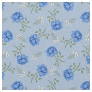 Blue Roses on Light Blue Calico Fabric