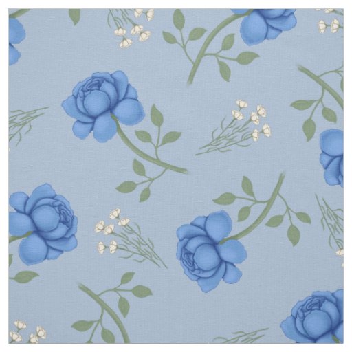Blue Roses on Light Blue Oversized Calico Fabric