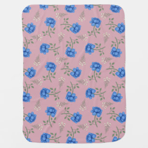 Blue Roses on Pink Oversized Calico Baby Blanket