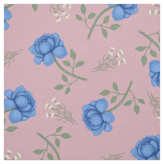 Blue Roses on Pink Oversized Calico Fabric (Swatch)
