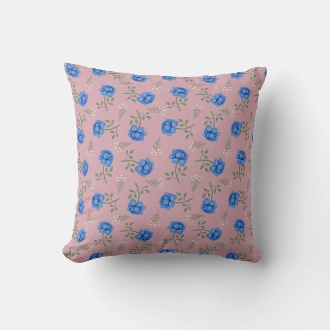Blue Roses on Pink Oversized Calico Throw Pillow (Front)