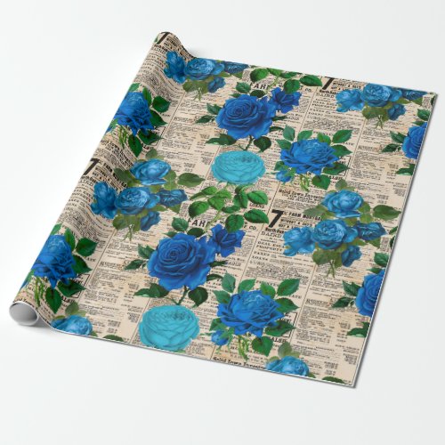 Blue Roses on Vintage Newsprint Wrapping Paper