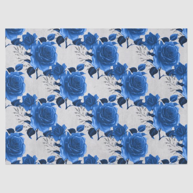 Blue Roses on White Decoupage Tissue Paper (Front)