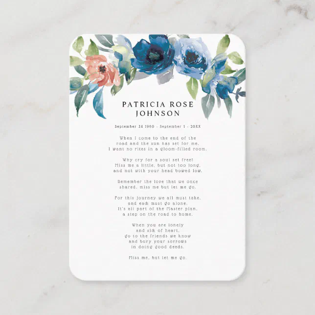 Blue Roses Photo Sympathy Funeral Memorial Card | Zazzle