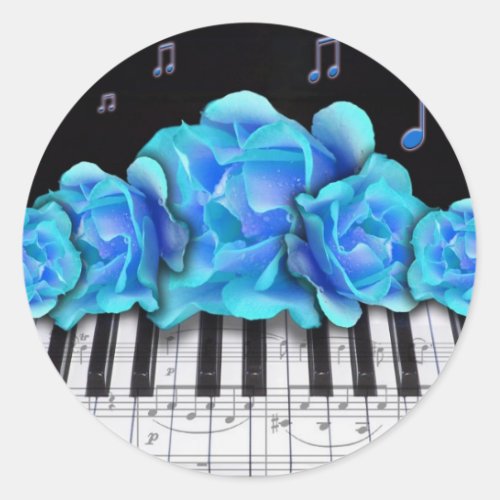 Blue Roses Piano Keyboard and Music Notes Classic Round Sticker