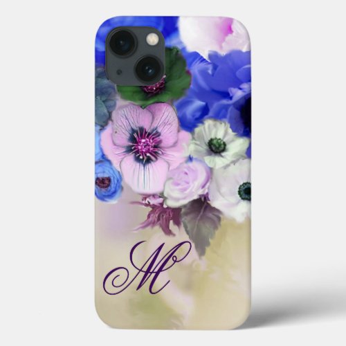 BLUE ROSES PINK WHITE ANEMONE FLOWERS MONOGRAM iPhone 13 CASE