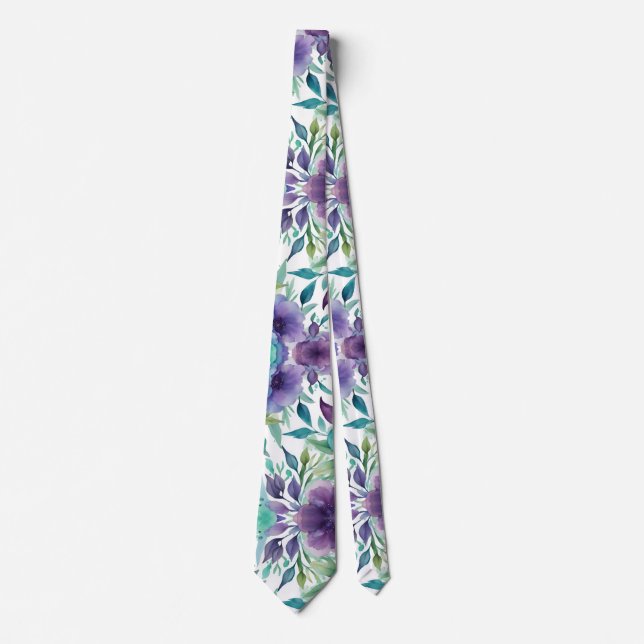 Blue Roses Purple Watercolor Blooms  Neck Tie (Front)