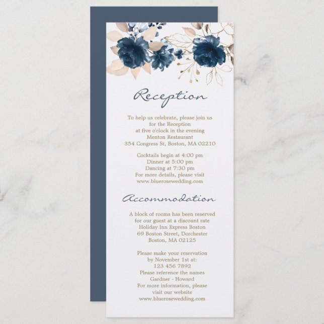 Blue roses Reception, Wedding hotel accommodation Invitation (Front/Back)