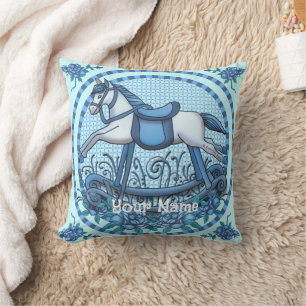 Blue Roses Rocking Horse Throw Pillow