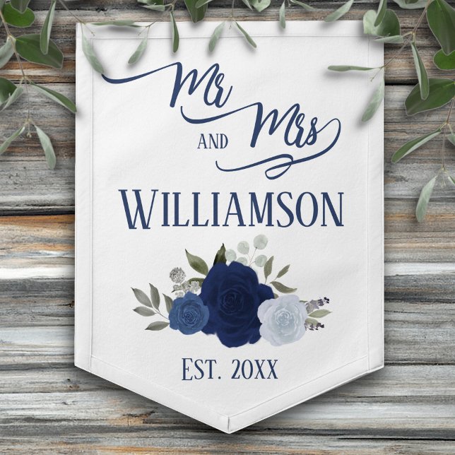 Blue Roses Rustic Boho Chic Mr. & Mrs. Wedding Pennant (Creator Uploaded)