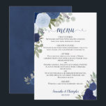 Blue Roses Rustic Boho Floral Elegant Wedding Menu<br><div class="desc">This beautiful wedding menu features a rustic boho chic floral design with script calligraphy lettering and hand painted watercolor roses in shades of dusty blue, navy, and azure. The text is completely customizable with space for the couple's name & wedding date. Elegant, stylish, and chic, this card is a great...</div>