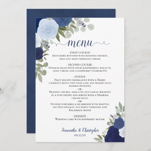 Blue Roses Rustic Boho Floral Elegant Wedding Menu