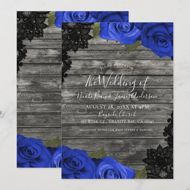 Blue Roses Rustic Wood Black Lace Wedding Invitation (Front/Back)