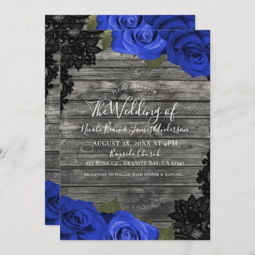 Blue Roses Rustic Wood Black Lace Wedding Invitation