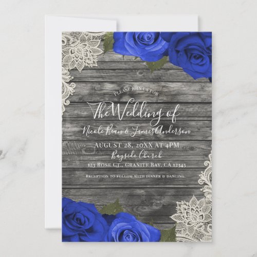 Blue Roses Rustic Wood Cream Ivory Lace Wedding Invitation