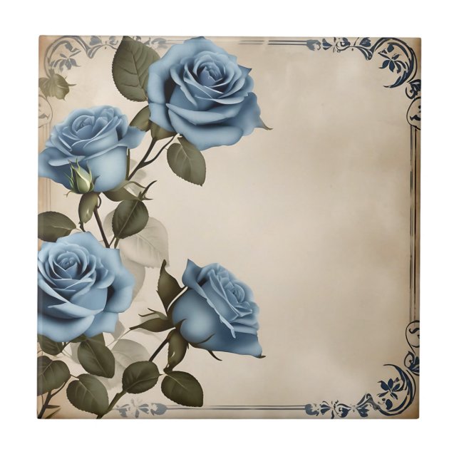 Blue Roses Shabby Ceramic Tile (Front)