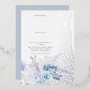 Blue Roses Silver Foil Dress Sweet 16 Party Invitation