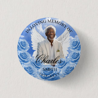 Blue Roses Sky Funeral Memorial Button Angel Wings