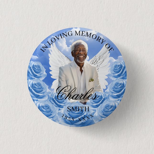 Blue Roses Sky Funeral Memorial Button Angel Wings (Front)