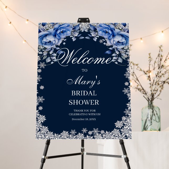 Blue Roses Snowflake Christmas Bridal Shower Sign (In Situ (Stand))