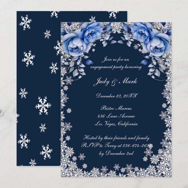 Blue Roses Snowflake Christmas Engagement Party Invitation (Front/Back)