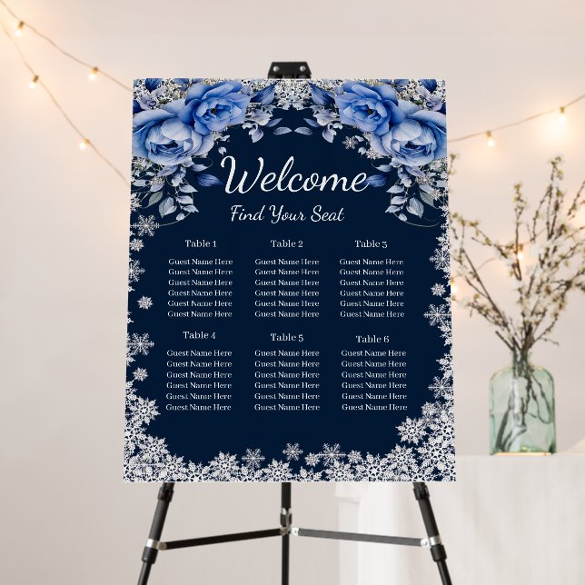 Blue Roses Snowflake Christmas  Seating Chart Foam Board (In Situ (Stand))