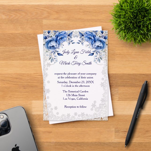 Blue Roses Snowflake Christmas Wedding Acrylic Invitations (Insitu (Invitation Card))