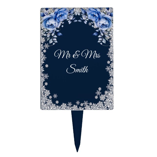 Blue Roses Snowflake Christmas Wedding Cake Topper (Front)