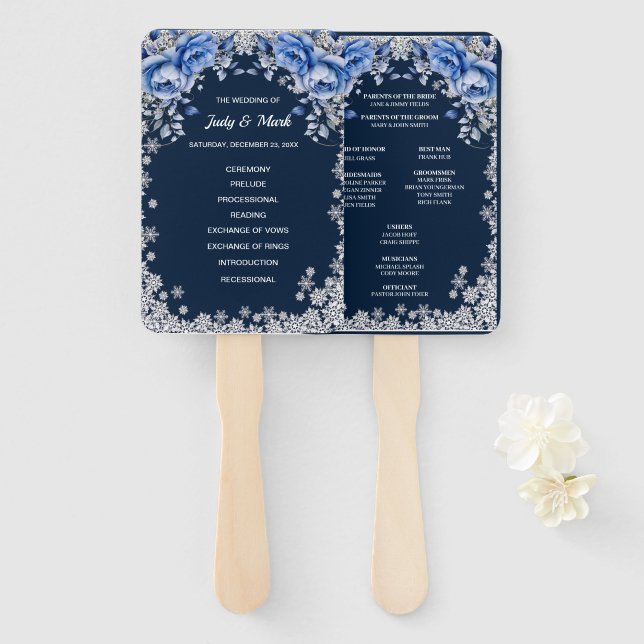 Blue Roses Snowflake Christmas Wedding Hand Fan (Front and Back)