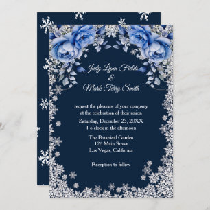 Blue Roses Snowflake Christmas Wedding Invitation