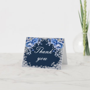 Blue Roses Snowflake Christmas Wedding Letterpress Thank You Card