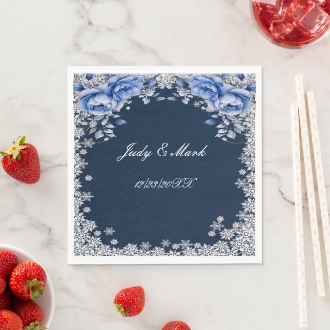 Blue Roses Snowflake Christmas Wedding Napkins (Insitu)