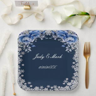 Blue Roses Snowflake Christmas Wedding Paper Plates