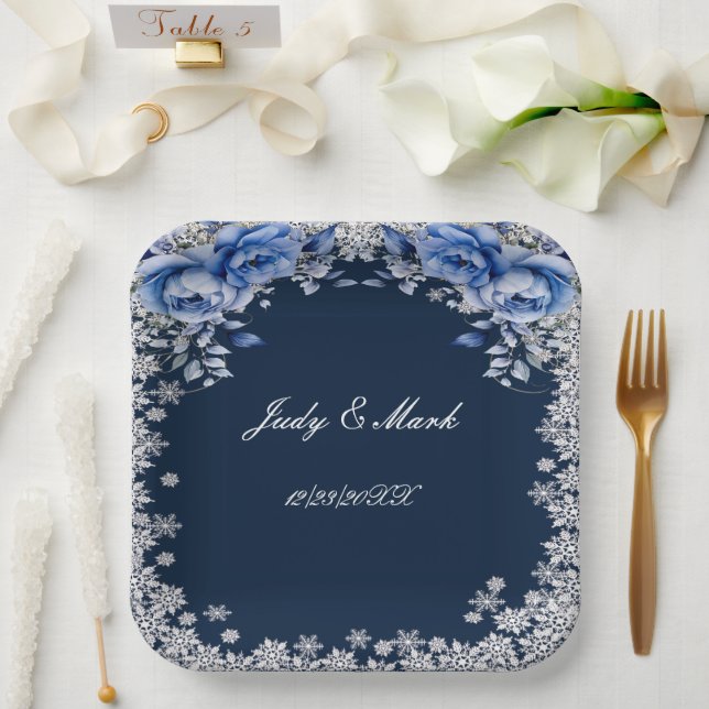 Blue Roses Snowflake Christmas Wedding Paper Plates (Wedding)