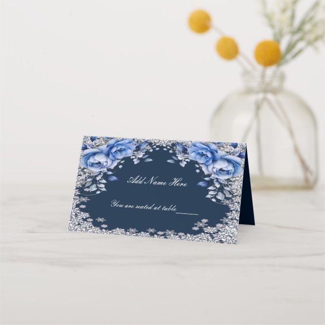 Blue Roses Snowflake Christmas Wedding Place Card (Front)