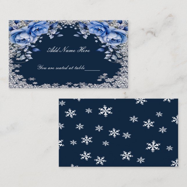 Blue Roses Snowflake Christmas Wedding Place Card (Front/Back)