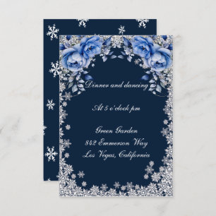 Blue Roses Snowflake Christmas Wedding Reception Invitation