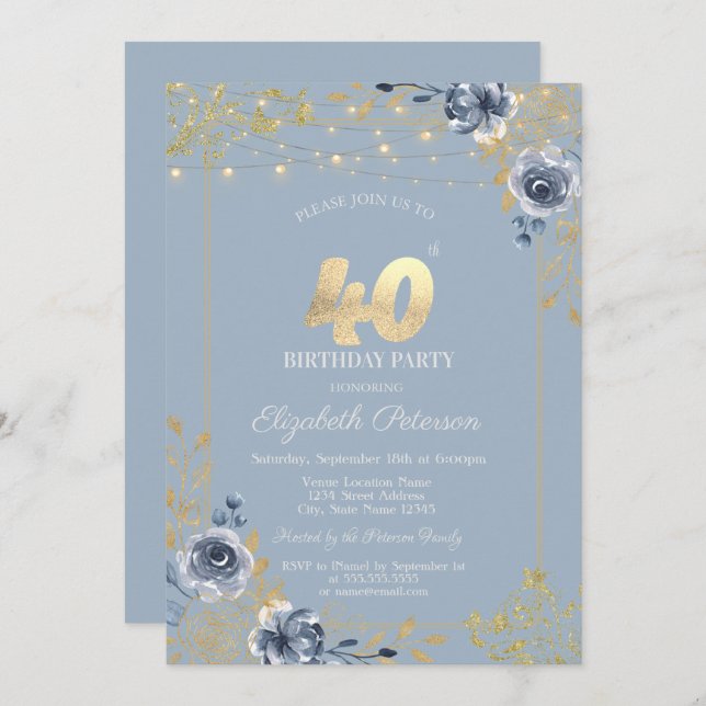 Blue Roses String Lights Dusty Blue 40th Birthday Invitation (Front/Back)