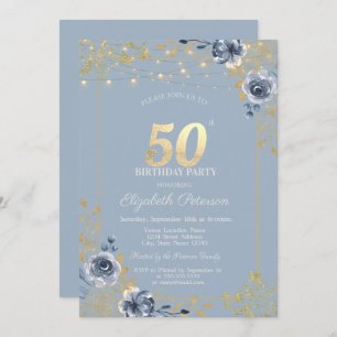 Blue Roses String Lights Dusty Blue 50th Birthday Invitation