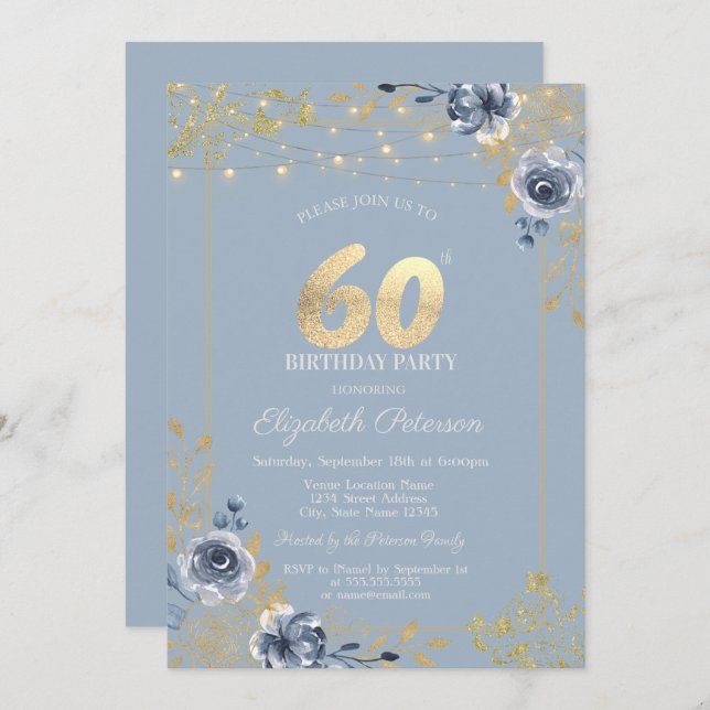 Blue Roses String Lights Dusty Blue 60th Birthday Invitation (Front/Back)