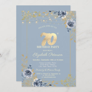 Blue Roses String Lights Dusty Blue 70th Birthday Invitation