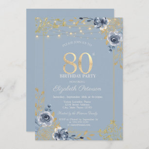 Blue Roses String Lights Dusty Blue 80th Birthday Invitation