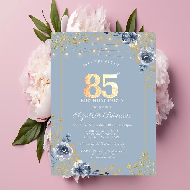 Blue Roses String Lights Dusty Blue 85th Birthday Invitation (Creator Uploaded)