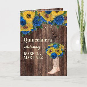 Blue Roses Sunflowers Cowgirl Photo Quinceañera Card