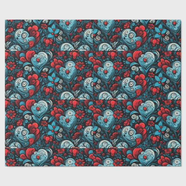 Blue Roses Tattoo Hearts Digital Theme Wrapping Paper (Seam)