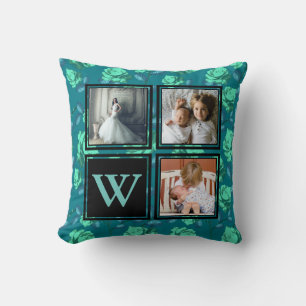 Blue Roses & Teal Family Photos Initial Letter Throw Pillow