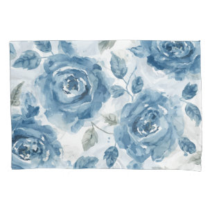 Blue Roses Watercolor Botanical Blooms Floral Pillow Case